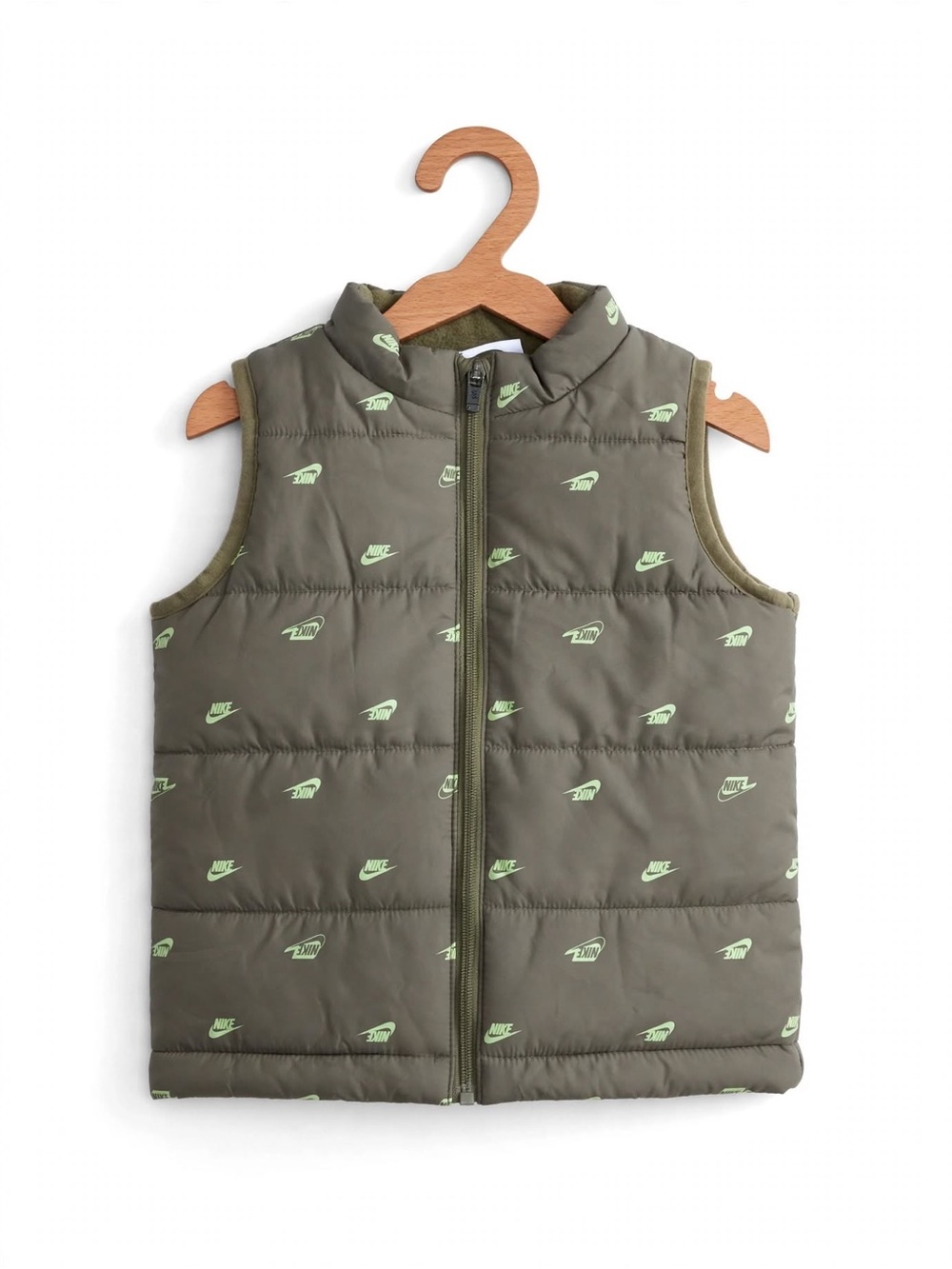 Nike toddler Olive Green Puffer Vest with Light Green Logos 3T like new